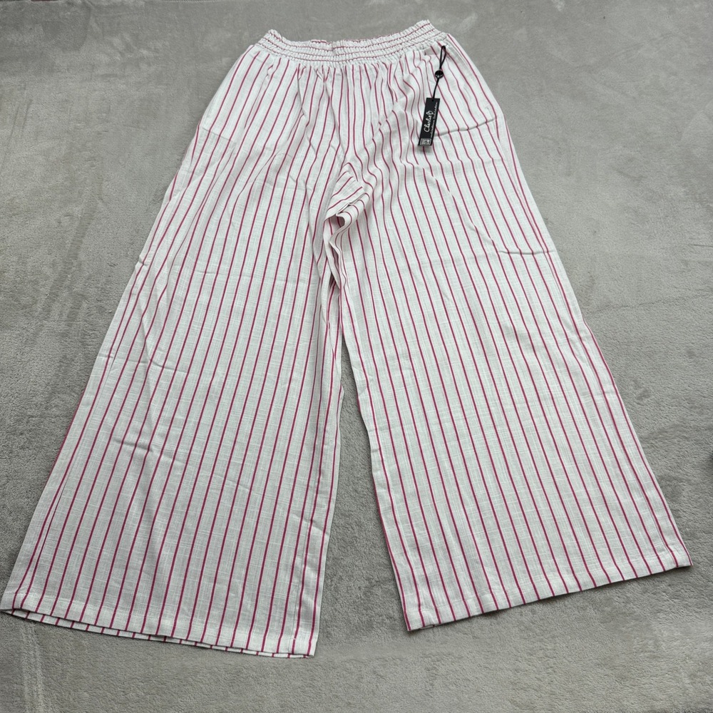 Charlie B Wide Leg Pants Women's XL White Pink Striped Linen Blend Coastal Boho